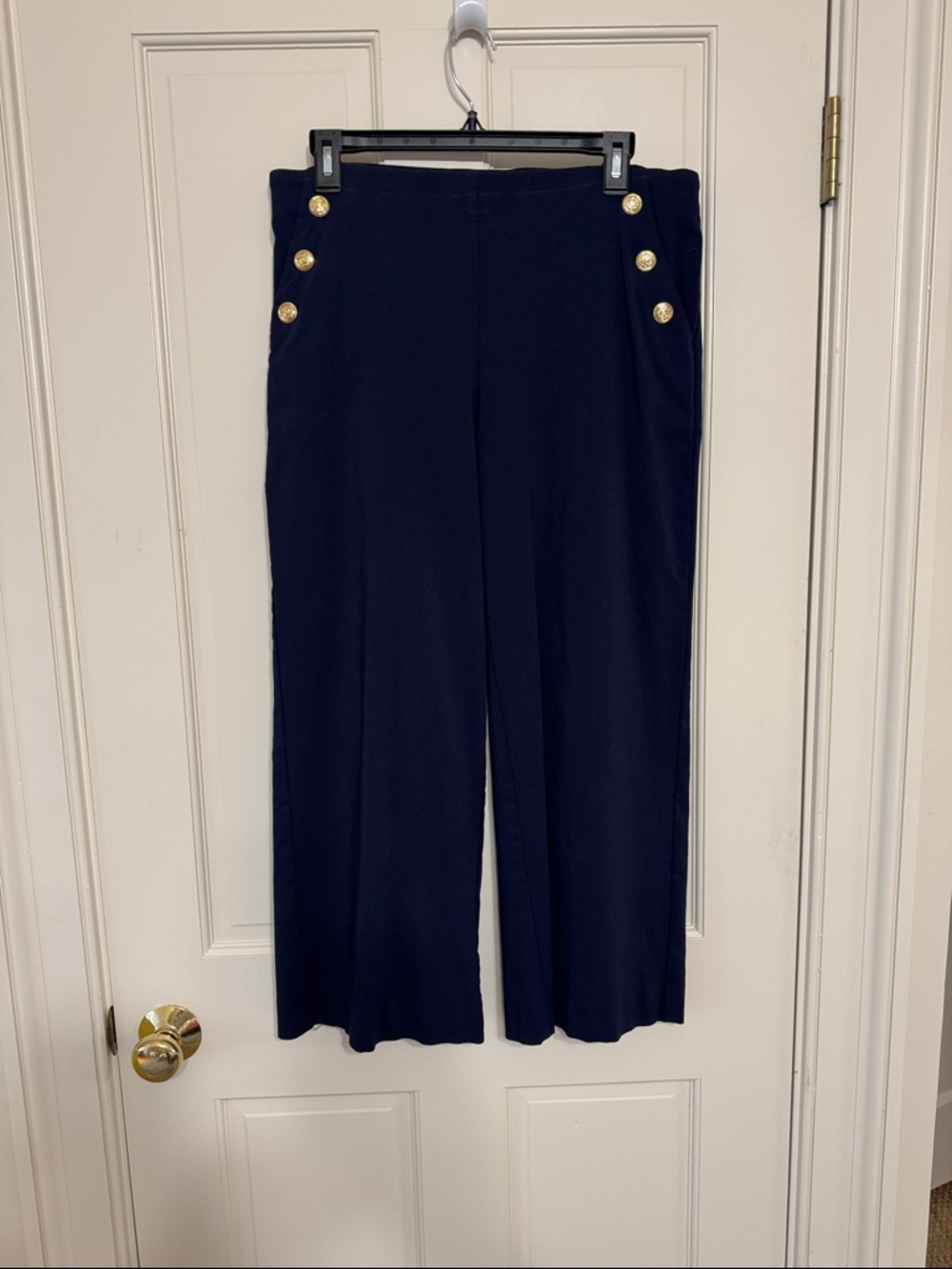 Chico's Navy Wide-Leg Pants with Gold Button Detail